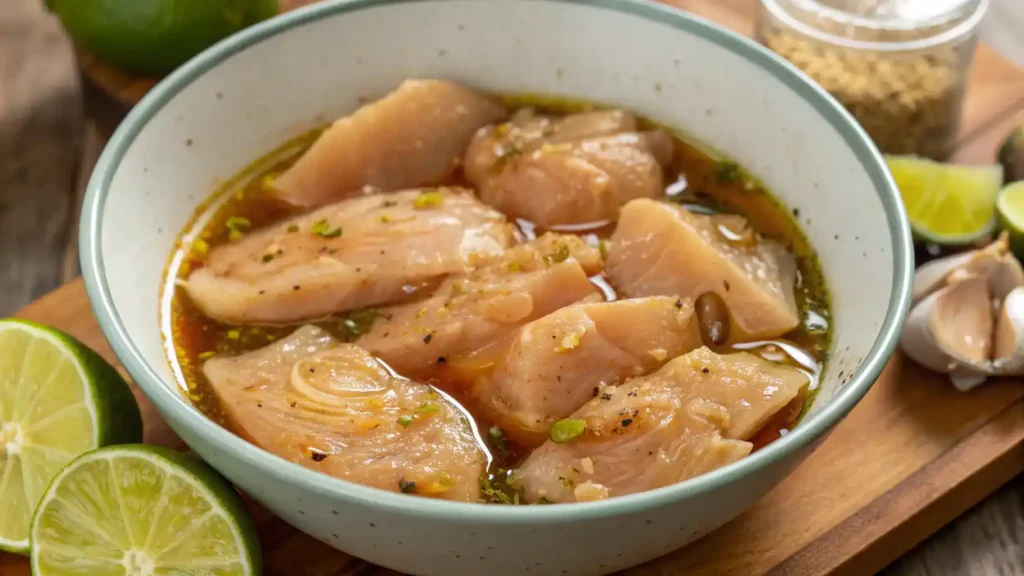 Marinated chicken breasts in a bowl with honey, lime juice, and garlic.