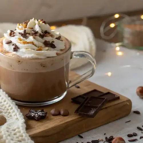 A steaming mug of peanut butter hot chocolate topped with whipped cream and chocolate shavings, surrounded by a cozy setting.