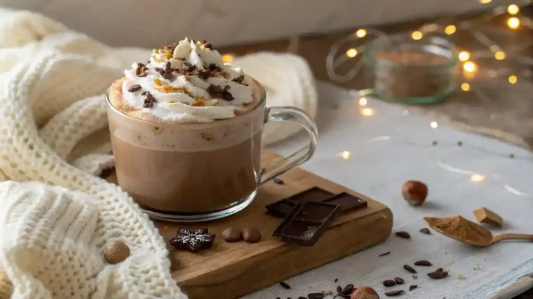 A steaming mug of peanut butter hot chocolate topped with whipped cream and chocolate shavings, surrounded by a cozy setting.