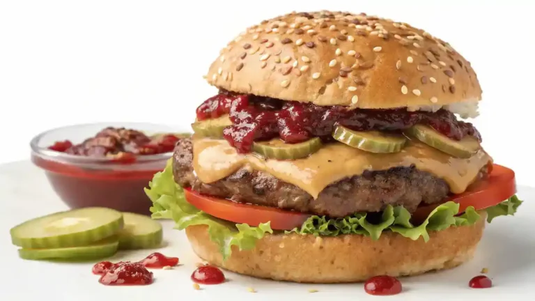 A delicious peanut butter and jelly burger with toppings, served on a plate.