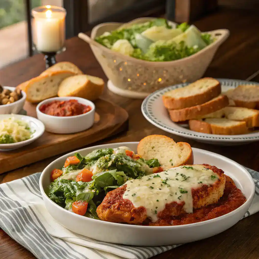 A table set with side dishes for Chicken Parmesan night, including garlic bread, Caesar salad, and roasted vegetables.