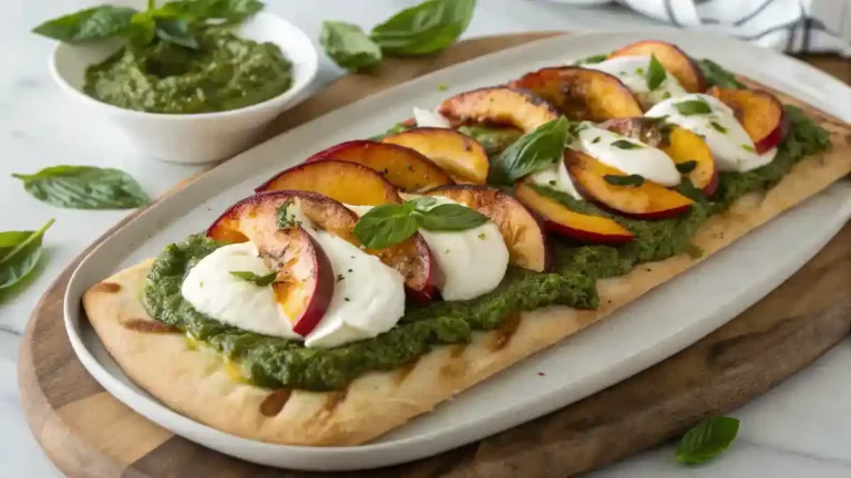Finished Pesto, Grilled Peach & Burrata Flatbread ready to serve.