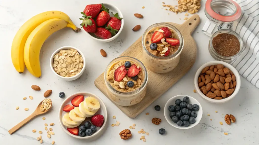 Pro tips for making Banana Overnight Oats with various toppings and ingredients.