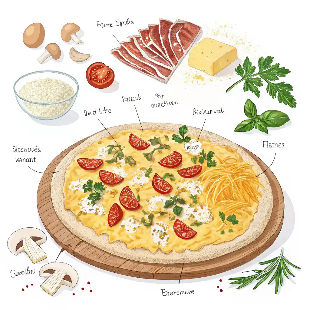 Pro tips for making breakfast pizza, featuring various cheeses, fresh herbs, and colorful vegetables.