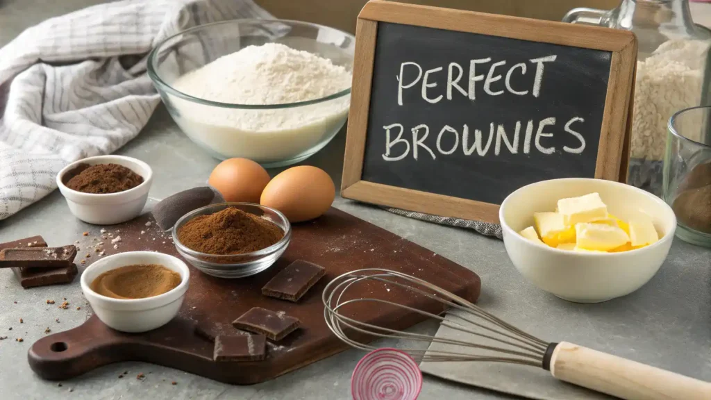 Pro tips for making the perfect brownies displayed in a kitchen setting.
