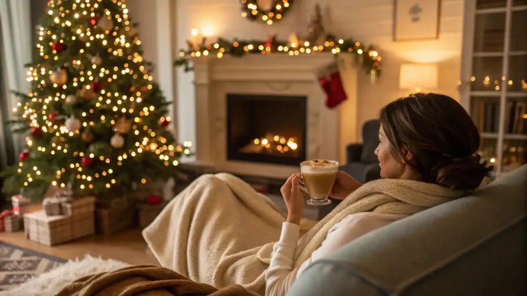 A person enjoying an eggnog latte in a cozy living room.