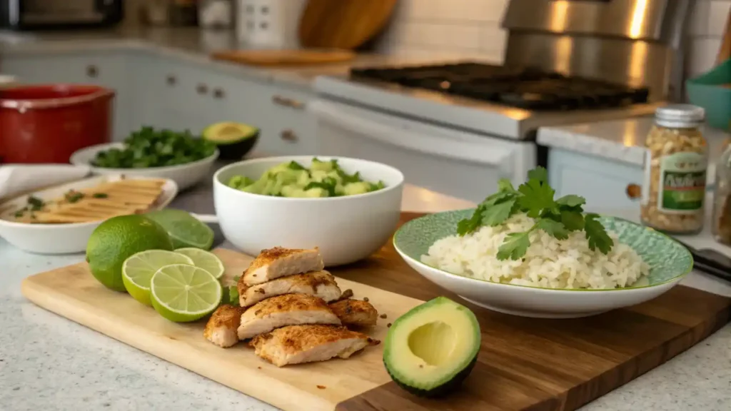 Pro tips for making honey lime chicken and avocado rice stack displayed in a kitchen.