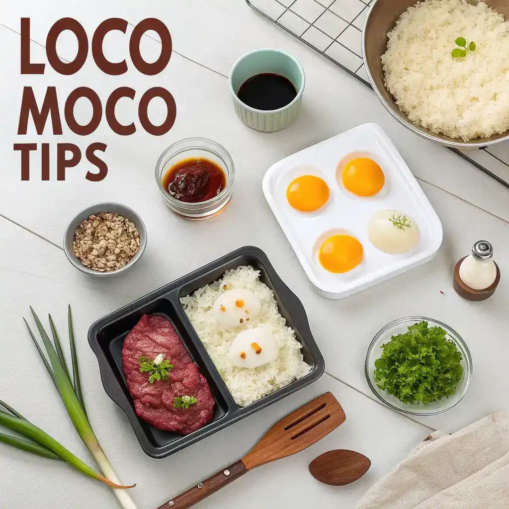 Pro tips for making Loco Moco displayed in a kitchen setting.