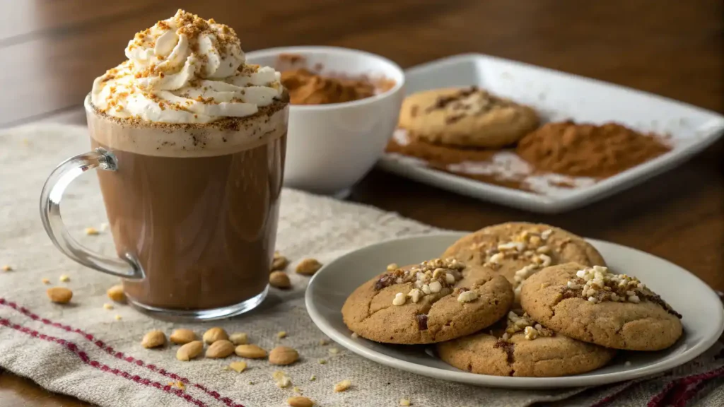 A beautifully arranged table featuring peanut butter hot chocolate, peanut butter cookies, and crushed peanuts.