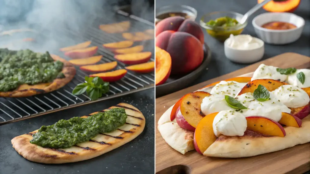 Pro tips for making Pesto, Grilled Peach & Burrata Flatbread.