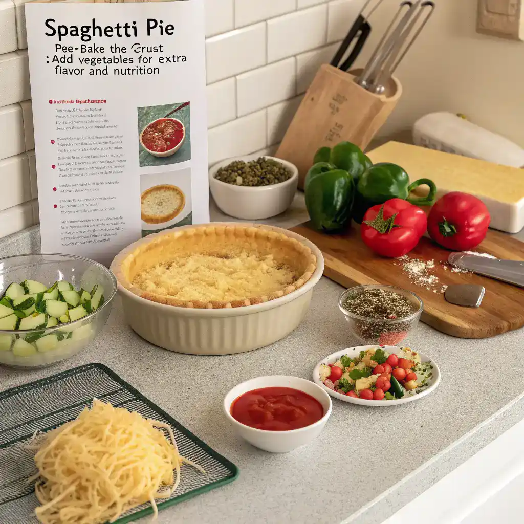 Kitchen scene with pro tips for making Spaghetti Pie, including pre-baking the crust and adding vegetables.