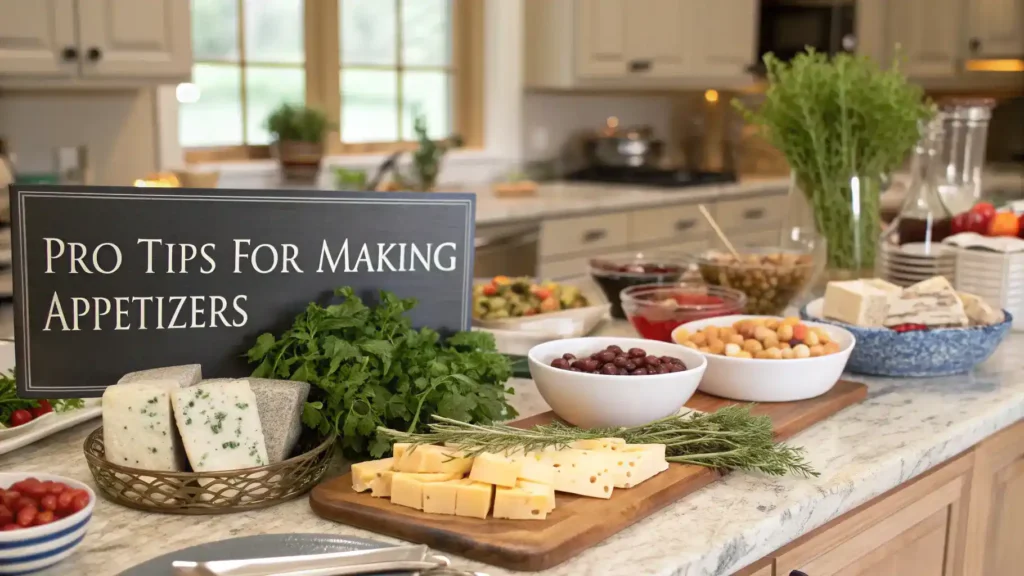 A kitchen scene displaying pro tips for making delightful appetizers with fresh ingredients.