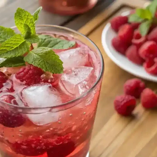 A glass of raspberry lemonade garnished with mint leaves and fresh berries.