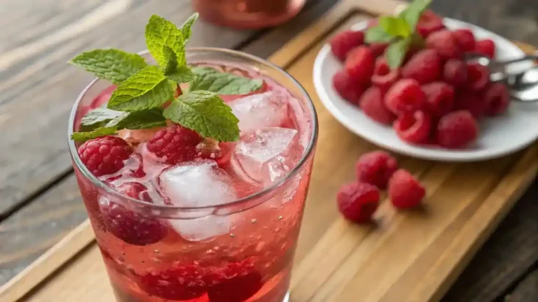 A glass of raspberry lemonade garnished with mint leaves and fresh berries.