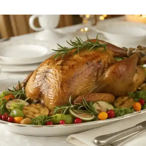 A perfectly roasted turkey crown on a serving platter, garnished with fresh herbs and vegetables.