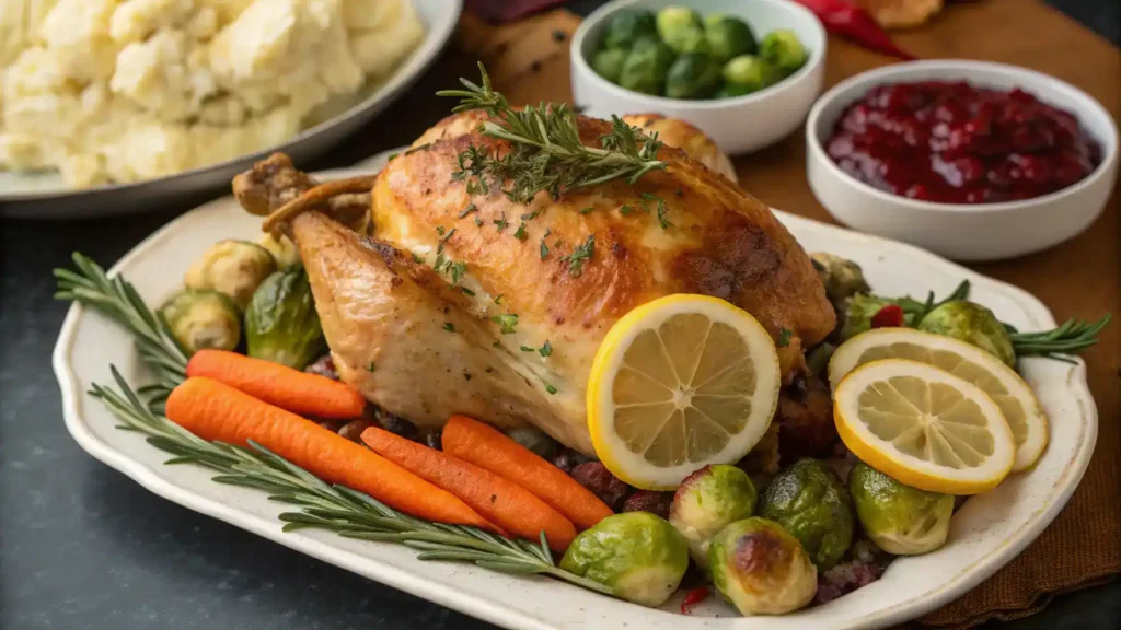 A plated turkey crown with sides like mashed potatoes and cranberry sauce.