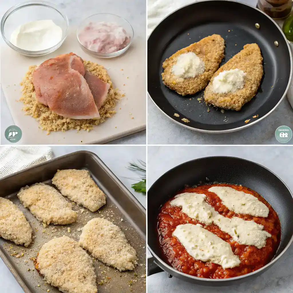A step-by-step collage of making Chicken Parmesan, from breading to frying and baking.