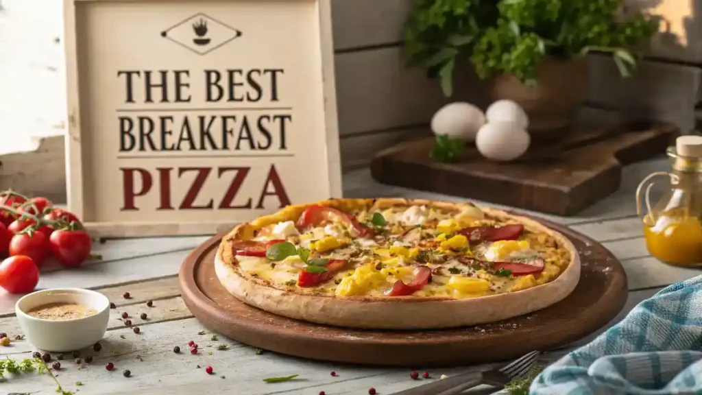 A freshly baked breakfast pizza topped with eggs, cheese, and colorful vegetables, ready to be served.