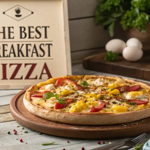 A freshly baked breakfast pizza topped with eggs, cheese, and colorful vegetables, ready to be served.