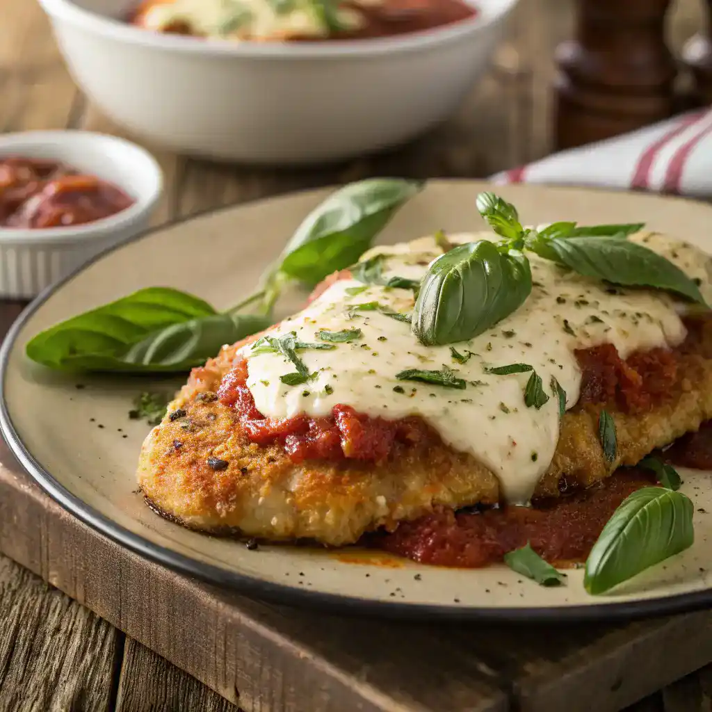 A close-up of Chicken Parmesan with crispy coating, melted cheese, and marinara sauce, garnished with basil.