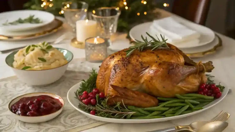 A perfectly roasted turkey crown on a serving platter, garnished with fresh herbs and vegetables.