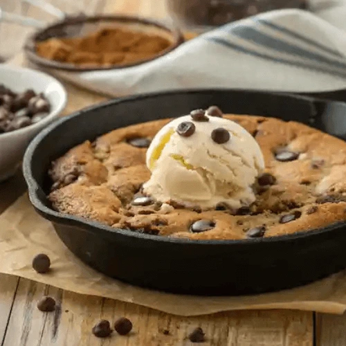 Skillet cookie topped with a scoop of vanilla ice cream and chocolate chips