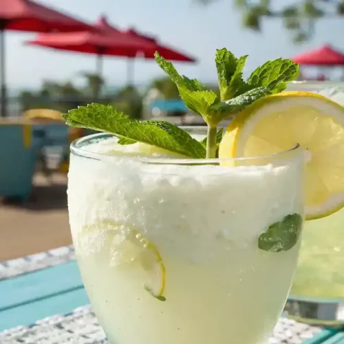 A refreshing glass of whipped lemonade garnished with lemon and mint.