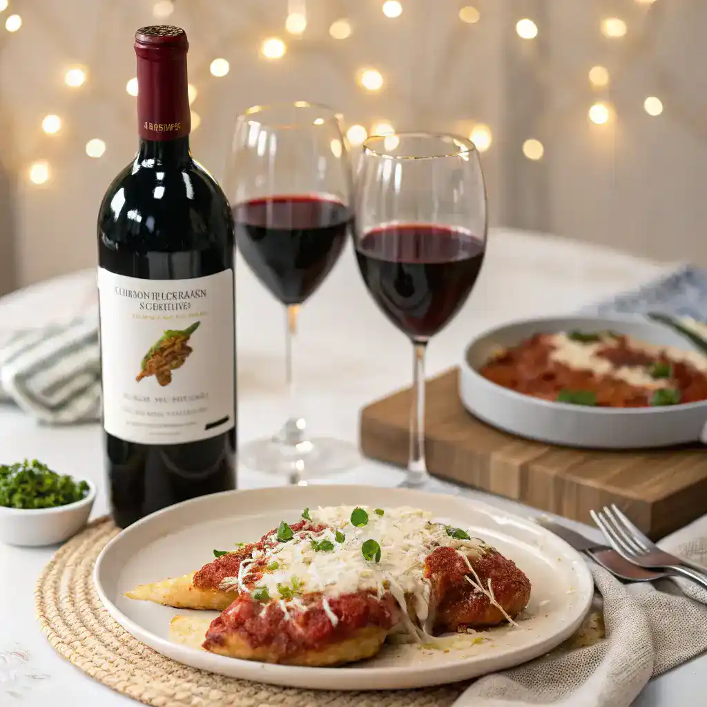 A wine pairing setup for Chicken Parmesan night with red wine and Chicken Parmesan in the background.