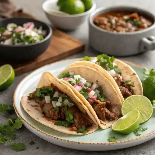 Three soft tacos filled with barbacoa beef, topped with diced onions, cilantro, and served with lime wedges
