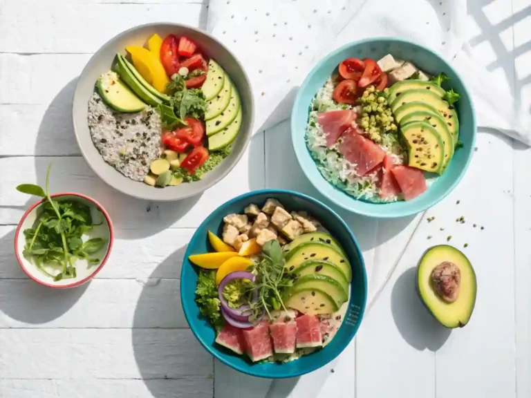 Three colorful summer meals on a white table