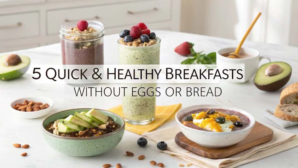 Collage of five healthy egg free and bread free breakfast recipes including chia pudding, smoothie, oatmeal, avocado bites, and a fruit bowl.