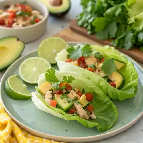 Delicious Avocado Chicken Lettuce Wraps served on a plate.