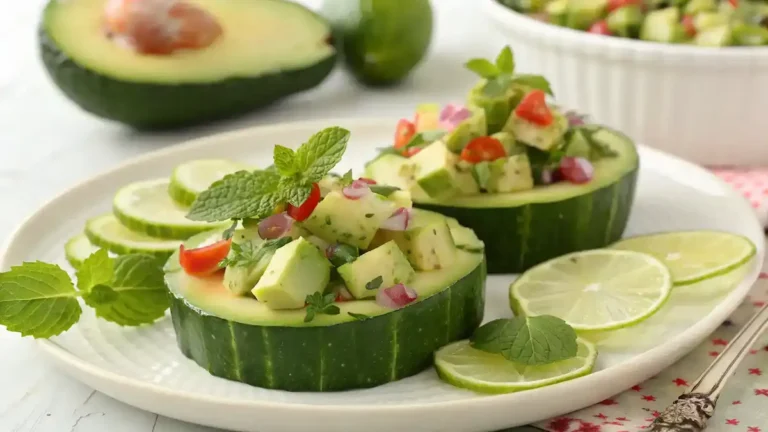 A beautifully plated Avocado Salad on Cucumber Rounds garnished with herbs.