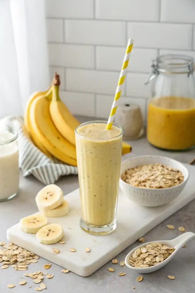 Banana oat smoothie in a tall glass with a paper straw, oats and banana on the side.