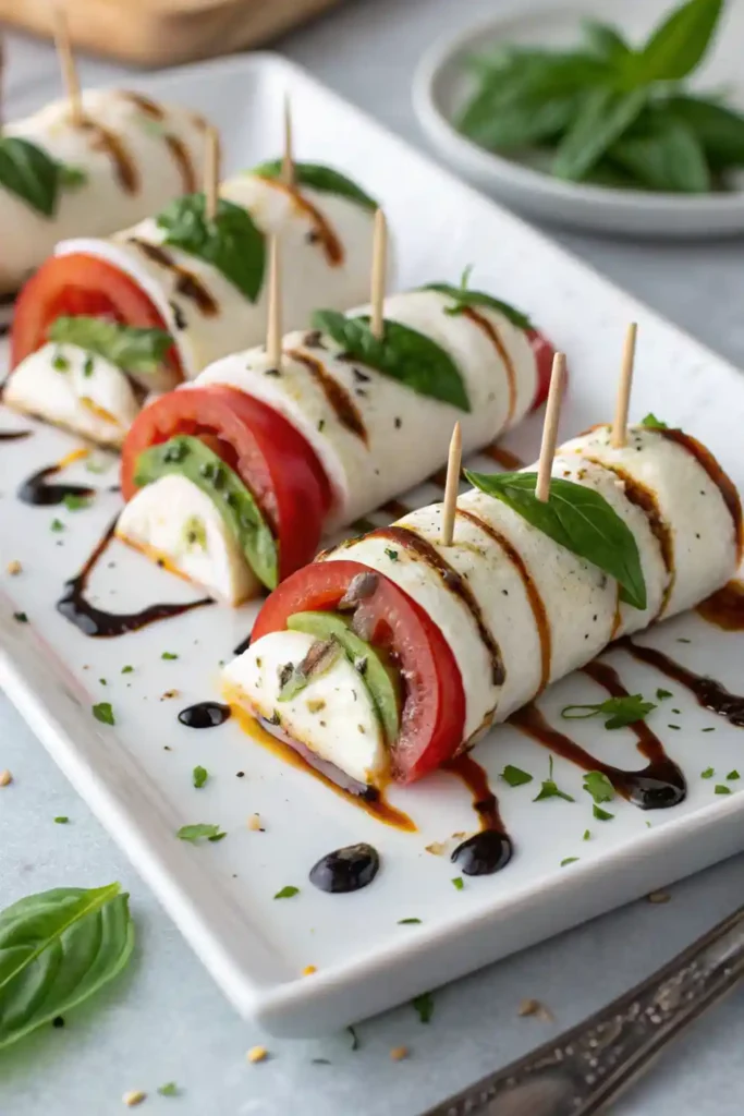 Caprese Roll-Ups – No-Cook Italian Flavor Mozzarella slices rolled with tomato and basil