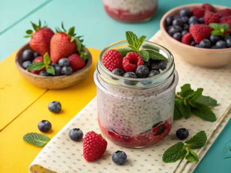 Chia Berry Pudding served in a mason jar with fresh berries and mint leaves.
