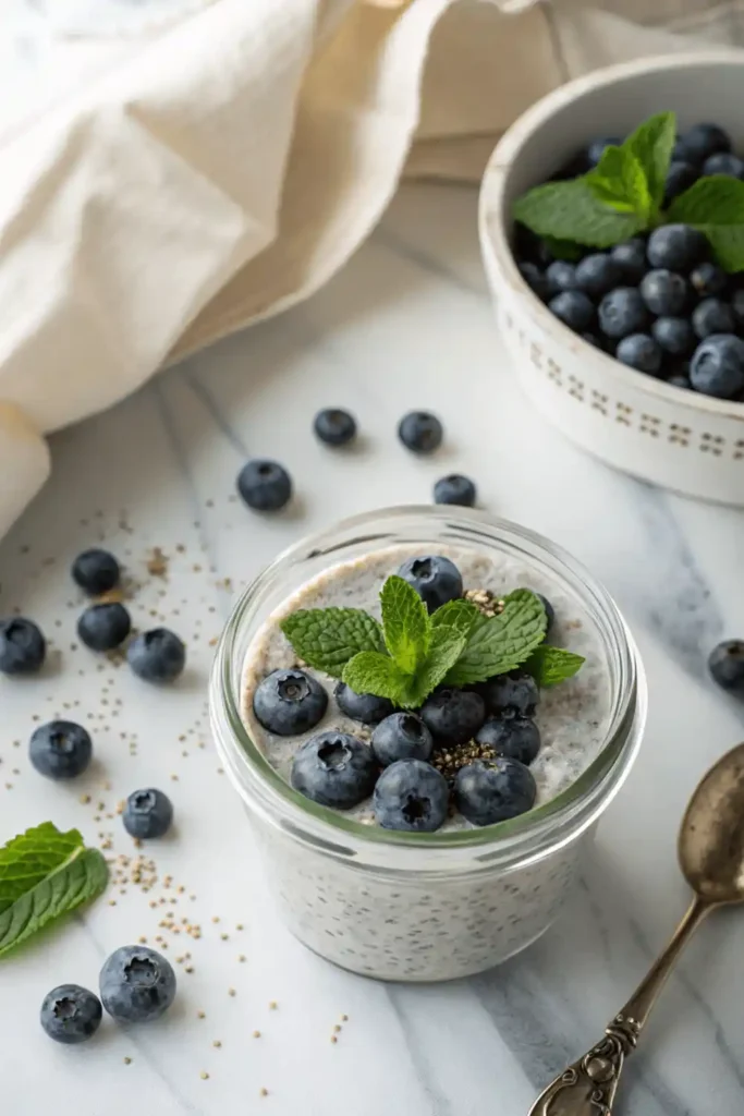 Chia Berry Pudding – A No-Cook Low-Carb Breakfast one in No-Cook Summer Meal Plans Chia seed pudding topped with fresh blueberries in a glass jar. No-Cook Summer Meal Plans