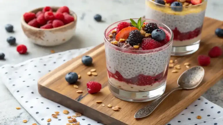 A glass of Chia Pudding with Almond Milk and Berries, beautifully layered.
