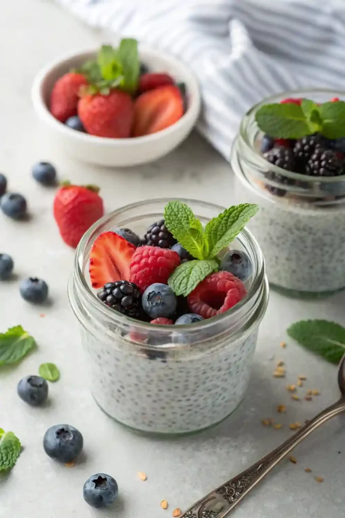 Chia Pudding with Berries Egg Free healthy Breakfast Chia pudding in a glass jar topped with fresh berries and mint on a white table. Healthy