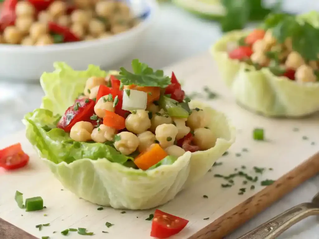 A close-up of a Chickpea Salad Cup showcasing chickpeas, bell peppers, and herbs in a lettuce leaf.