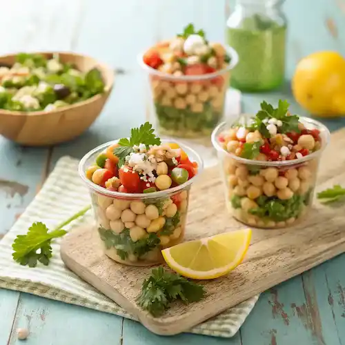 A beautiful arrangement of Chickpea Salad Cups filled with fresh vegetables and chickpeas on a wooden table.