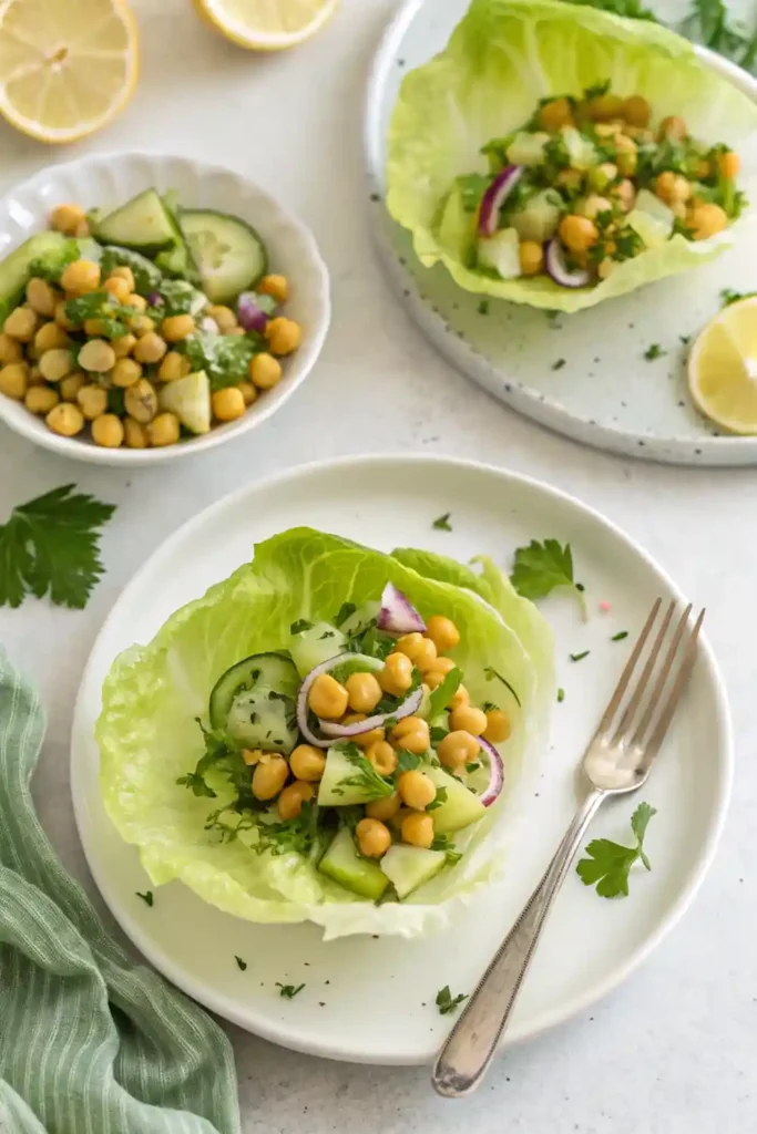 Chickpea Salad Cups – Gluten-Free Plant Power Lettuce cups filled with chickpea and cucumber salad