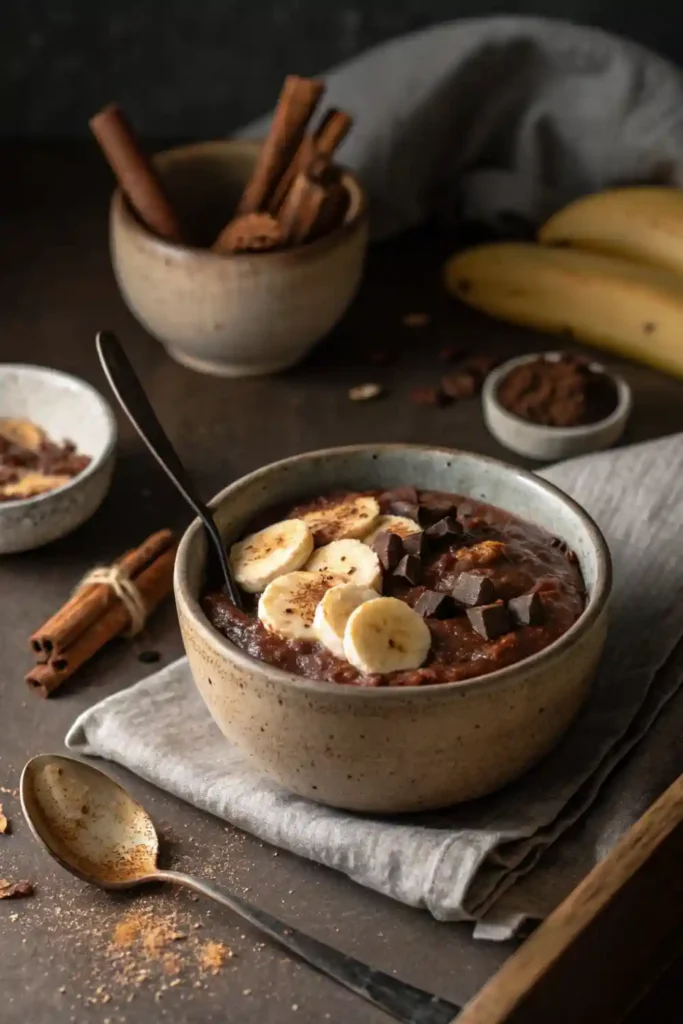 Chocolate Oatmeal Gluten Free & Egg Free Bowl of chocolate oatmeal topped with banana slices and cinnamon.