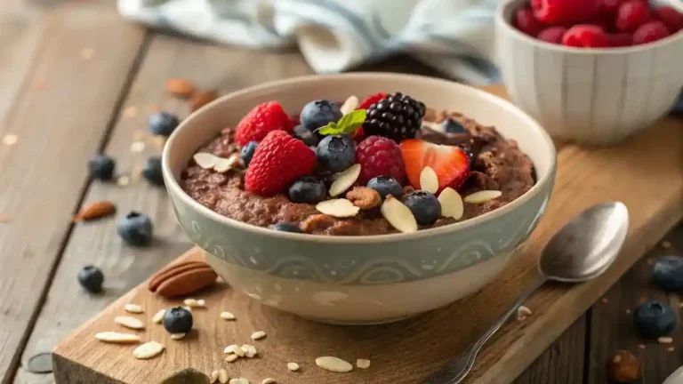 A delicious bowl of Chocolate Oatmeal Without Eggs topped with fruits and nuts.