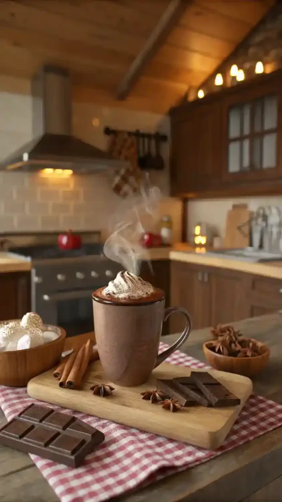 A steaming cup of hot chocolate with Mexican chocolate, surrounded by cinnamon sticks and chocolate bars.