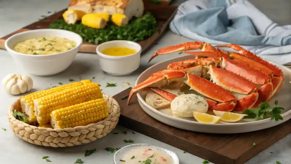 A festive crab leg feast with sides and dipping sauces.