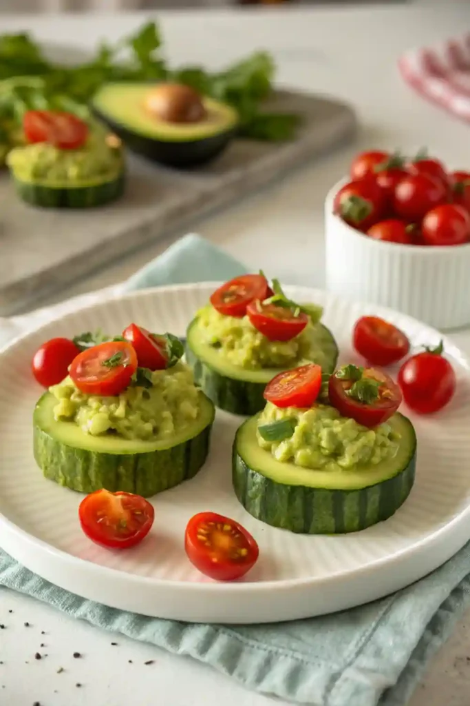 Cucumber Avocado Bites No Bread, No Egg Fresh cucumber rounds topped with mashed avocado and chopped cherry tomatoes.