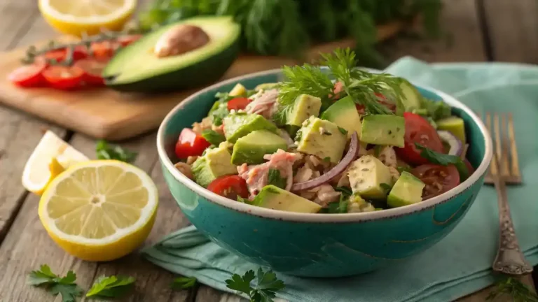 A beautifully presented bowl of Avocado Tuna Salad garnished with herbs.