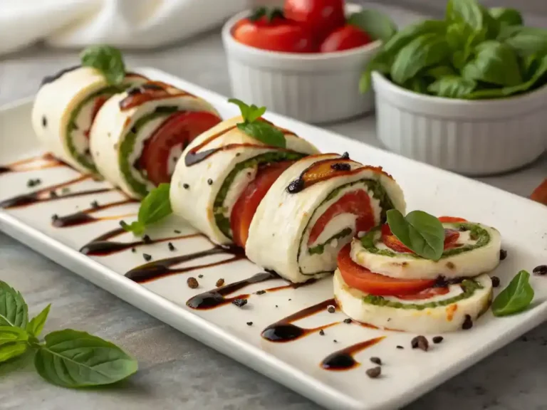 Finished Caprese Roll Ups served on a platter with garnishes.