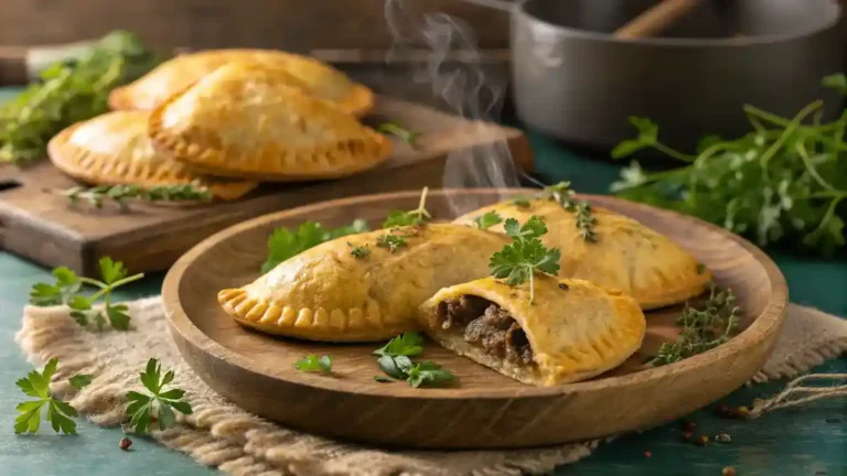Freshly baked Jamaican beef patties served on a plate with herbs.